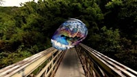 a man riding a surfboard on a bridge in the woods